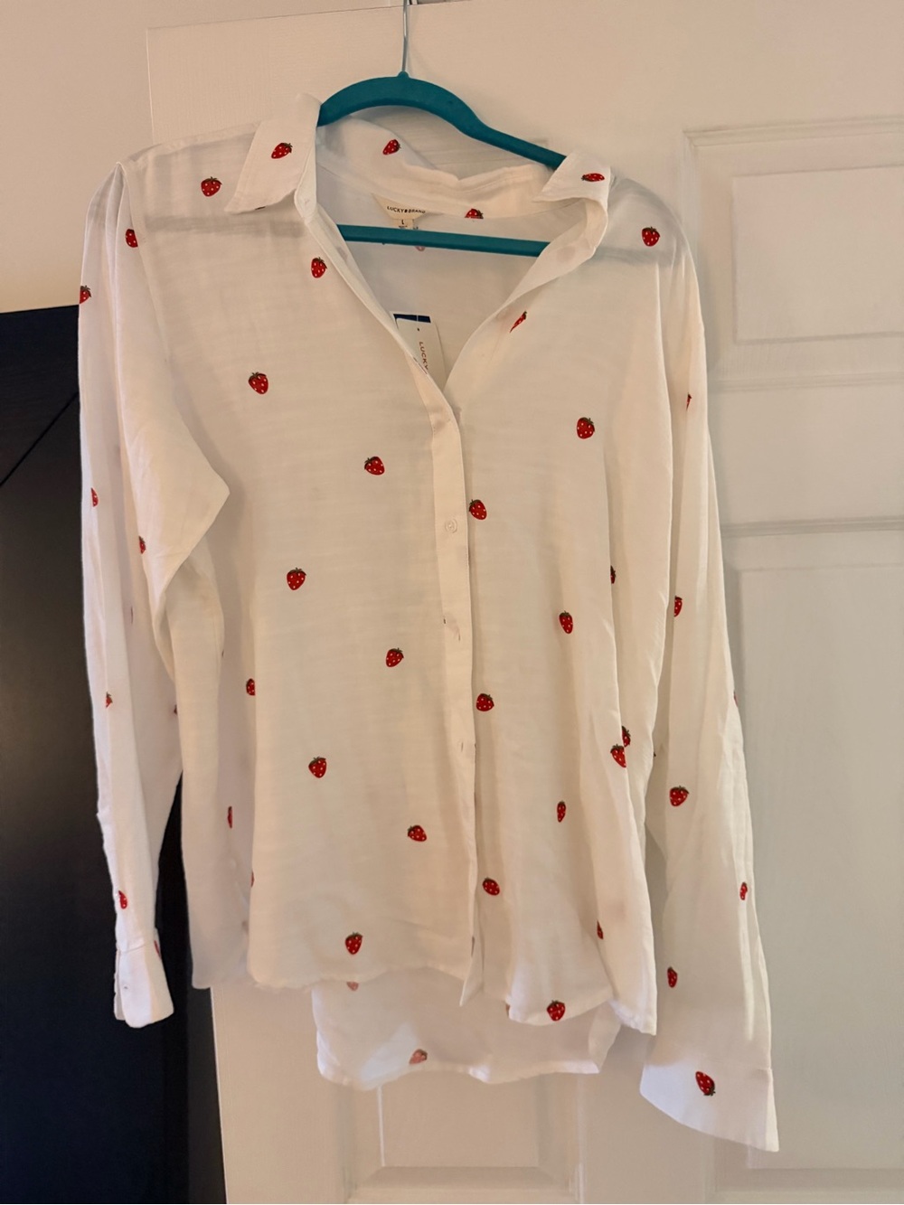 Lucky Brand White Button-Down Blouse with Red Strawberry Print